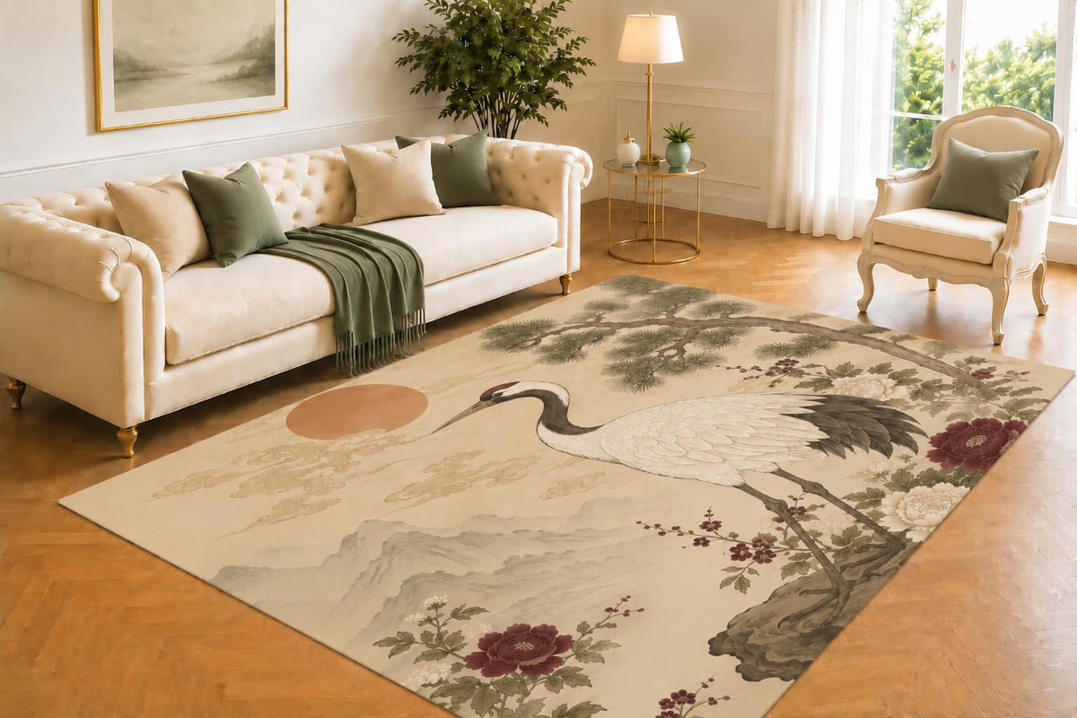 ICE ARMOR 5' x 7' Elegant Crane Area Rug for Living Room, Soft Low Pile Indoor Rug with Non-Slip Silicone Backing, Decorative Carpet for Bedroom, Office, Dining Room & Nature Decor, Beige
