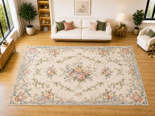 ICE ARMOR "Ultra Light Weight Large 6'7 x 9'10 French Floral Border Area Rug for Living Room, Dining Room, and Bedroom, Soft Low Pile Indoor Rug, Elegant Floor Decor