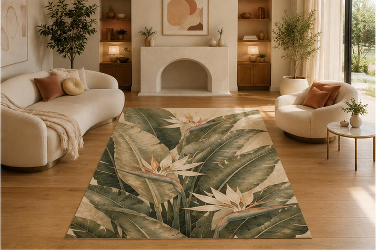 ICE ARMOR 5' x 7' Tropical Bird of Paradise Leaves Area Rug, Soft Low Pile Non-Slip Indoor Carpet for Living Room, Bedroom, Office, Sunroom and Coastal Botanical Home Decor, Green
