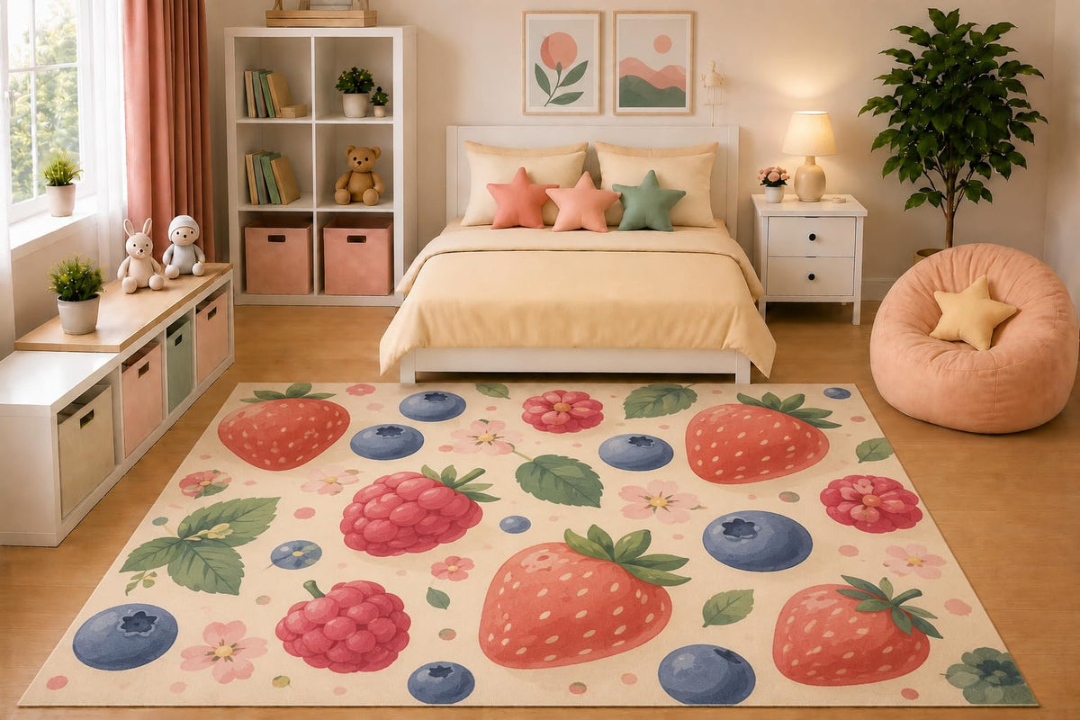 ICE ARMOR 5' x 7' Kids Area Rug Strawberry Raspberry Blueberry Pattern Rug Cute Fruit Nursery Girls Bedroom Decor Non-Slip Silicone Backing Low Pile