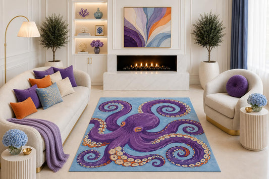 ICE ARMOR "Ultra Light Weight 5' x 7' Purple Octopus Area Rug, Whimsical Coastal Ocean Sea Life Art on Light Blue for Living Room Bedroom Beach House, Non-Slip Silicone Backing Low Pile