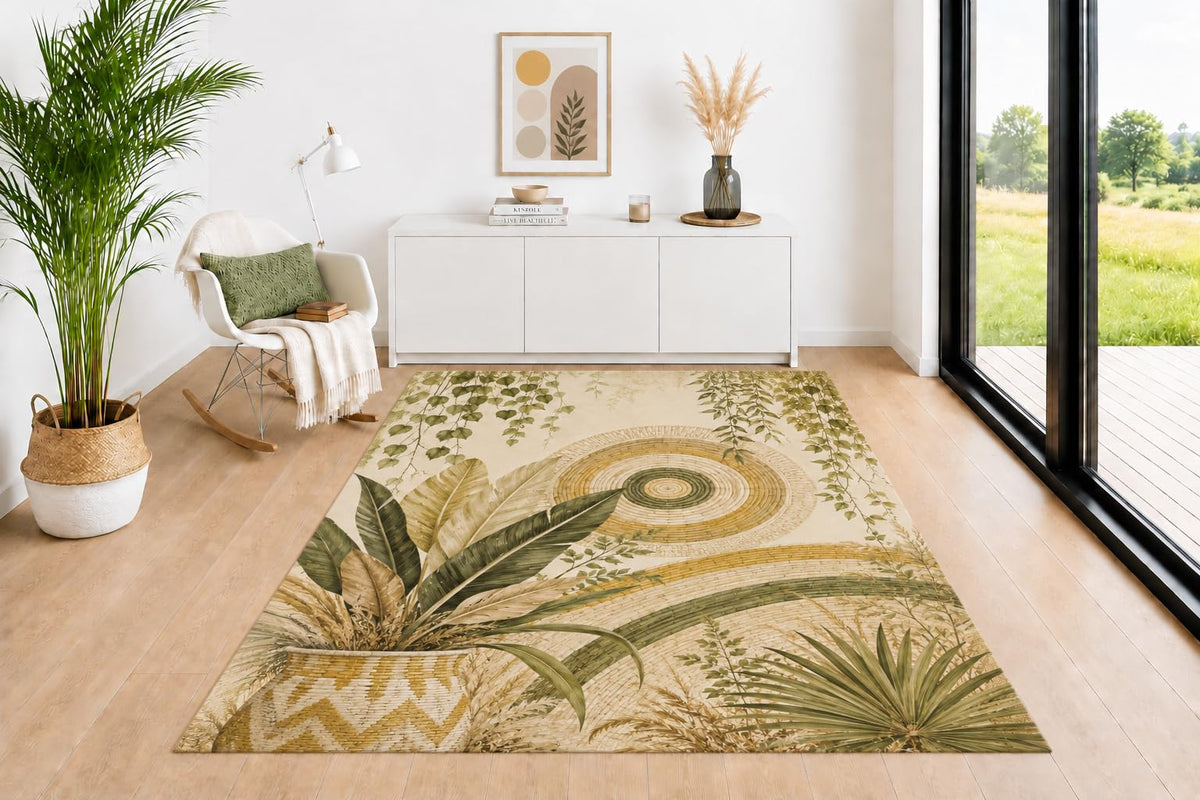 ICE ARMOR 5' x 7' Woven Boho Area Rug, Tropical Leaves and Basket Pattern in Sage Green Beige Mustard Earth Tones, Neutral Floor Carpet for Living Room Bedroom Office Decor