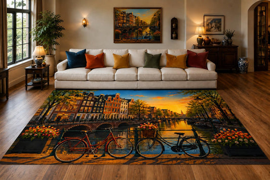 ICE ARMOR "Ultra Lightweight Large 6'7" x 9'10" Amsterdam Bicycles Area Rug for Living Room, Bedroom and Home Office, Soft Low Pile Carpet with Non-Slip Silicone Backing, Orange and Blue