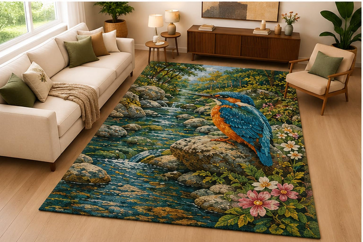 ICE ARMOR 5' x 7' Kingfisher River Nature Area Rug Soft Low Pile Indoor Rug with Non Slip Silicone Backing Wildlife Decor Carpet for Living Room Bedroom Dining Room Office Family Room Green