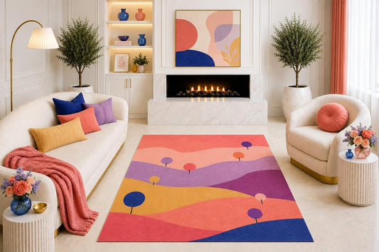ICE ARMOR "Ultra Light Weight 5' x 7' Coral Pink Purple Landscape Area Rug, Retro Abstract Hills and Trees Design for Living Room Bedroom Dining Room, Non-Slip Silicone Backing Low Pile