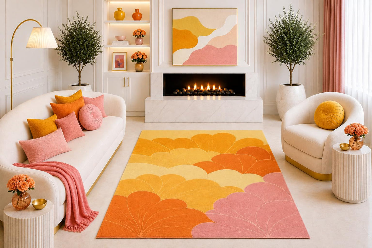ICE ARMOR "Ultra Light Weight 5' x 7' Orange Yellow Pink Floral Area Rug, Retro Scallop Flower Design for Living Room Bedroom Dining Room, Non-Slip Silicone Backing Low Pile