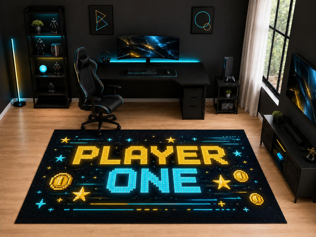 ICE ARMOR "Ultra Light Weight Large 6'7" x 9'10" Player One Pixel Gamer Rug, Soft Low Pile Indoor Rug, Non-Slip Silicone Backing for Playroom Black