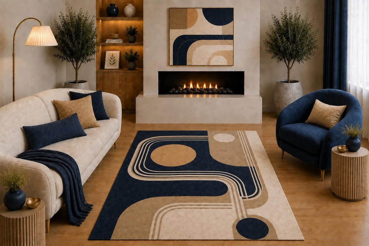 ICE ARMOR "Ultra Light Weight 5' x 7' Mid Century Modern Area Rug Navy Blue Beige Tan Abstract Curved Line Design for Living Room Bedroom Dining Room Office Non-Slip Silicone Backing Low Pile