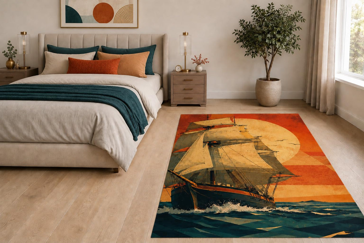ICE ARMOR "Ultra Light Weight 5' x 7' Retro Sunset Ship Area Rug for Living Room, Bedroom and Home Office, Soft Low Pile Carpet with Non-Slip Silicone Backing, Orange and Teal