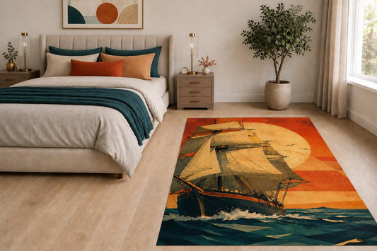 ICE ARMOR "Ultra Light Weight 5' x 7' Retro Sunset Ship Area Rug for Living Room, Bedroom and Home Office, Soft Low Pile Carpet with Non-Slip Silicone Backing, Orange and Teal