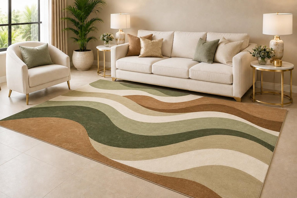 ICE ARMOR 6'7" x 9'10" Organic Green Wave Area Rug for Living Room, Soft Low Pile Indoor Rug with Non-Slip Silicone Backing, Large Decorative Carpet for Bedroom, Dining Room and Office, Green
