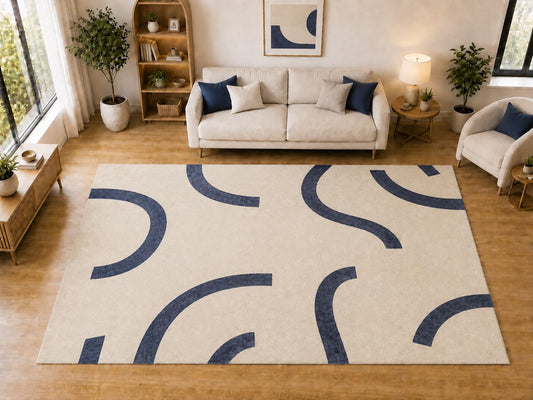 ICE ARMOR "Ultra Light Weight Large 6'7 x 9'10 Navy Curved Arc Pattern Area Rug for Living Room Bedroom Dining Room Soft Low Pile Indoor Carpet Modern Minimalist Floor Decor