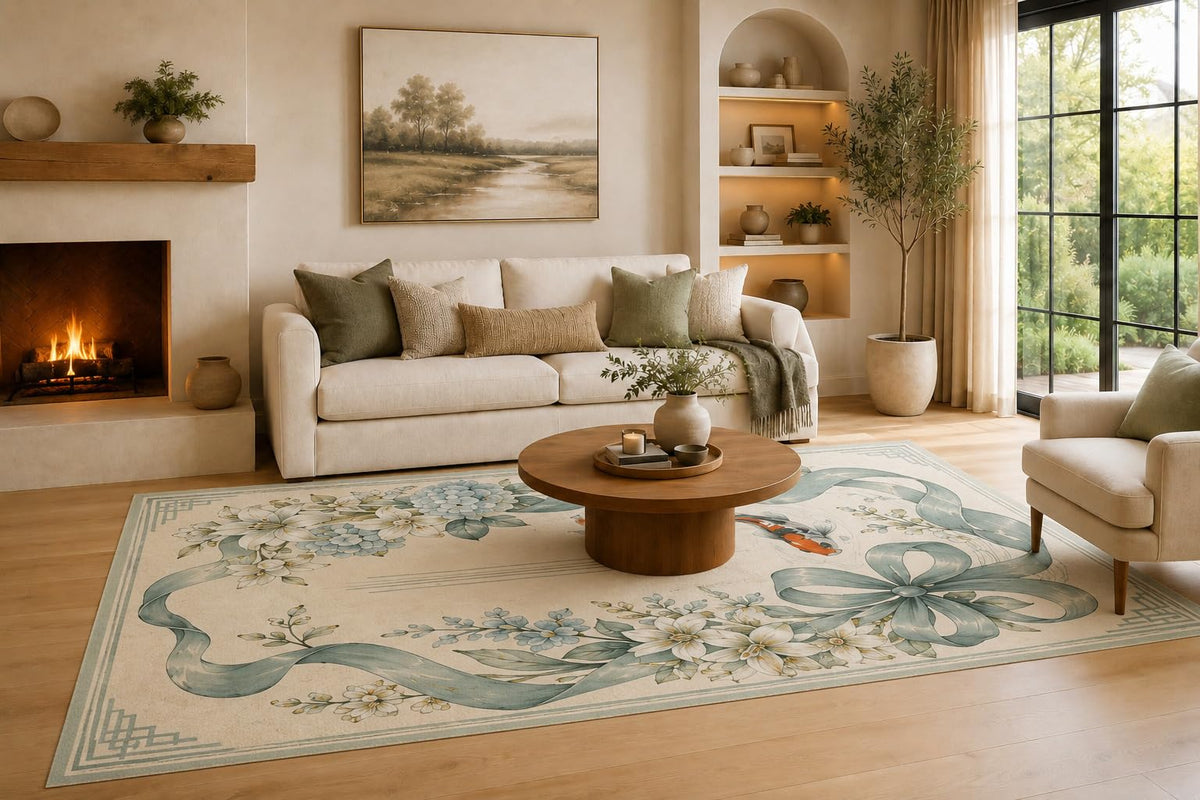 ICE ARMOR Large 6'7" x 9'10" Light Blue and Ivory Hydrangea Ribbon Koi Area Rug for Living Room, Soft Low Pile Carpet with Non-Slip Silicone Backing, Decor for Bedroom, Dining Area and Home Office