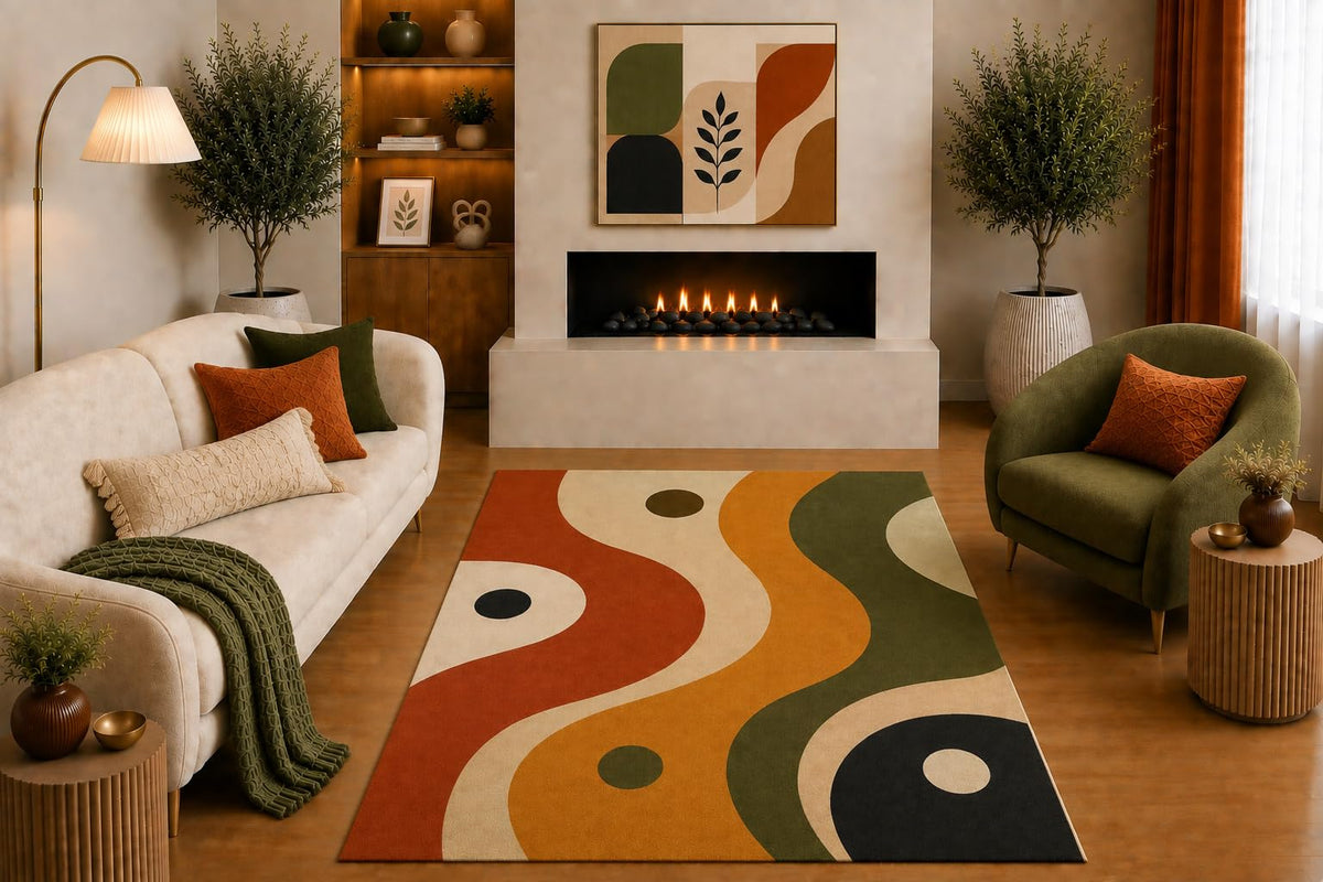ICE ARMOR "Ultra Light Weight 5' x 7' Mid Century Modern Area Rug Terracotta Mustard Olive Black Abstract Wavy Geometric Design for Living Room Bedroom Office Non-Slip Silicone Backing Low Pile