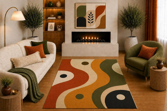 ICE ARMOR "Ultra Light Weight 5' x 7' Mid Century Modern Area Rug Terracotta Mustard Olive Black Abstract Wavy Geometric Design for Living Room Bedroom Office Non-Slip Silicone Backing Low Pile