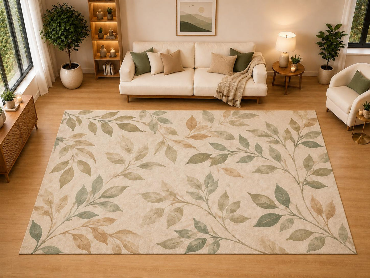 ICE ARMOR "Ultra Light Weight Large 6'7" x 9'10" Botanical Vine Scatter Area Rug for Living Room, Bedroom, Dining Room, Soft Low Pile Non-Slip Backing, Moss Cream