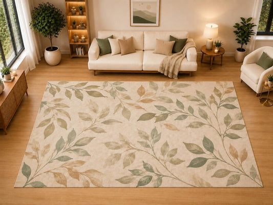ICE ARMOR "Ultra Light Weight Large 6'7" x 9'10" Botanical Vine Scatter Area Rug for Living Room, Bedroom, Dining Room, Soft Low Pile Non-Slip Backing, Moss Cream