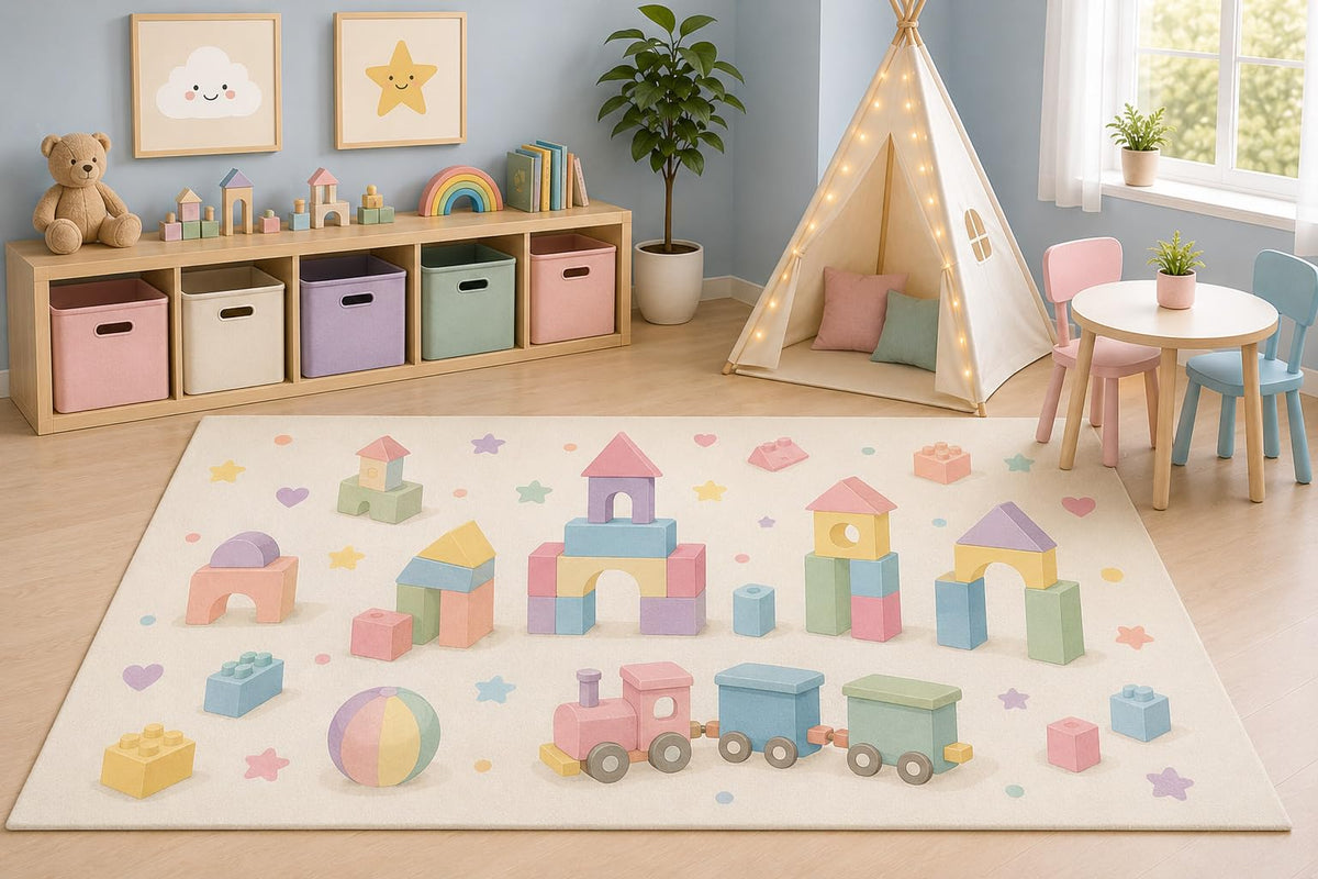 ICE ARMOR 5' x 7' Pastel Building Blocks Area Rug for Kids Playroom Nursery Bedroom, Montessori Educational Toy Cartoon Carpet, Non-Slip Silicone Backing Low Pile