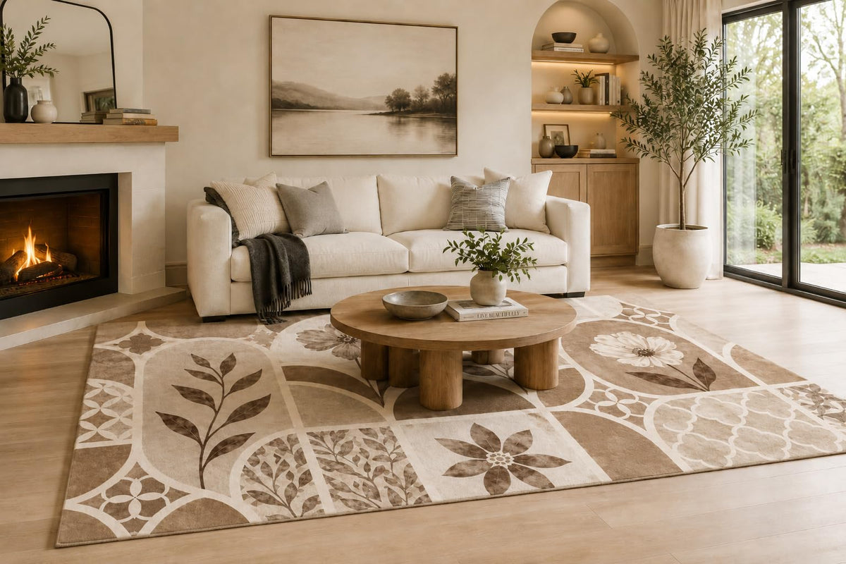 ICE ARMOR 6'7" x 9'10" Brown, Beige and Cream Floral Tile Garden Area Rug for Living Room, Soft Low Pile Carpet with Non-Slip Backing for Bedroom, Dining Room and Office