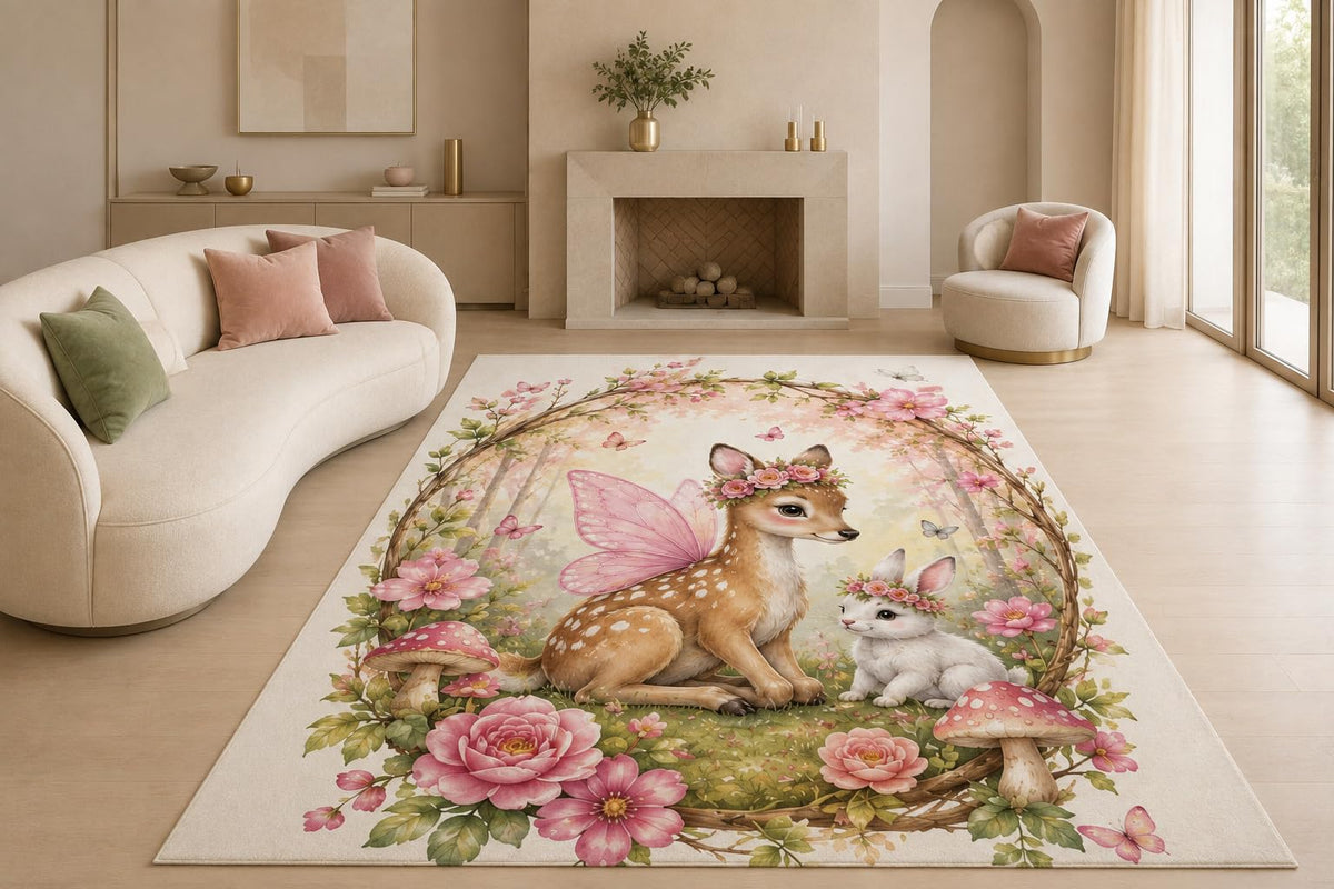 ICE ARMOR "Ultra Lightweight Large 6'7" x 9'10" Fairy Deer and Rabbit Area Rug for Living Room, Bedroom and Home Office, Soft Low Pile Carpet with Non-Slip Silicone Backing, Pink and Beige