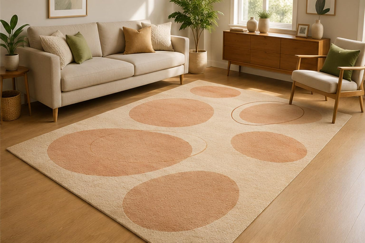 ICE ARMOR 5' x 7' Minimal Circle Pattern Area Rug for Living Room, Soft Low Pile Indoor Rug with Non-Slip Silicone Backing, Scandinavian Carpet for Bedroom, Nursery, Family Room, Blush Beige
