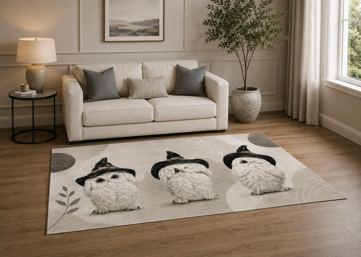 ICE ARMOR "Ultra Light Weight 5' x 7' Winter Owl Trio Area Rug for Living Room, Bedroom and Home Office, Soft Low Pile Carpet with Non-Slip Silicone Backing, White and Black