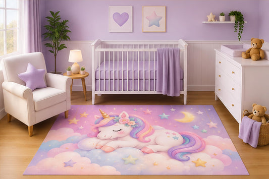 ICE ARMOR 5' x 7' Sleeping Unicorn Area Rug for Nursery Room, Cute Pastel Clouds Moon and Stars Fantasy Design for Baby Girl Bedroom Decor, Non-Slip Silicone Backing Low Pile