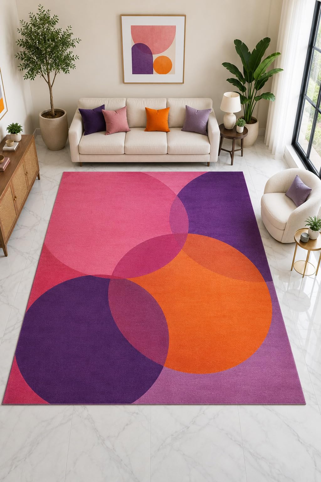 ICE ARMOR "Ultra Light Weight Large 6'7" x 9'10" Overlapping Circle Rug, Soft Low Pile Indoor Rug, Non-Slip Silicone Backing for Living Room Pink