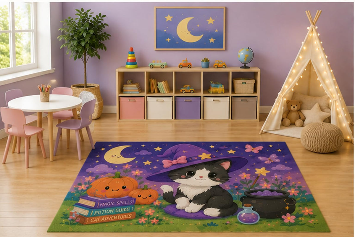 ICE ARMOR 5' x 7' Cute Witch Kitten Kids Area Rug, Kawaii Black Cat Pumpkins Magic Cauldron Moon Fantasy Playroom Nursery Bedroom Decor, Non-Slip Silicone Backing Low Pile