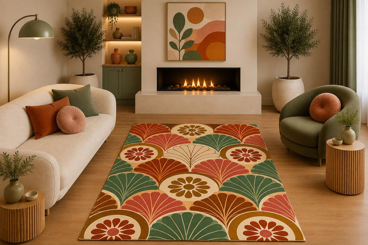 ICE ARMOR 5' x 7' Art Deco Floral Area Rug Retro Fan Scallop Daisy Pattern Green Terracotta Pink Cream for Living Room Bedroom Dining Room Non-Slip Silicone Backing Low Pile