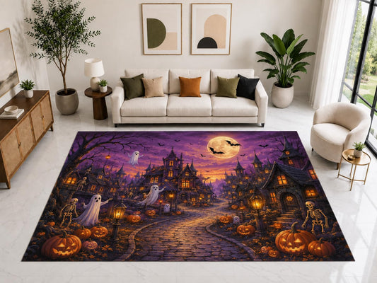 ICE ARMOR "Ultra Light Weight Large 6'7" x 9'10" Ghost Village Pumpkin Rug, Soft Low Pile Indoor Rug, Non-Slip Silicone Backing for Living Room Purple