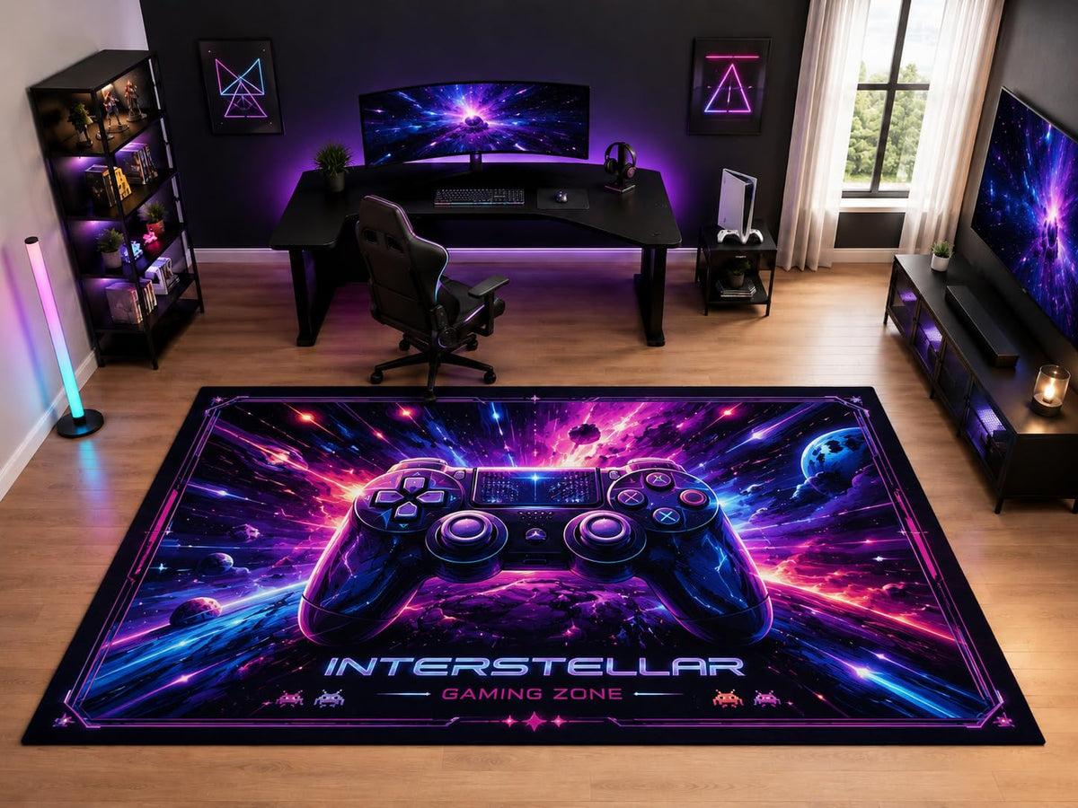 ICE ARMOR "Ultra Light Weight Large 6'7" x 9'10" Interstellar Game Controller Area Rug for Kids Room, Soft Low Pile Indoor Rug and Non-Slip Silicone Backing, Purple