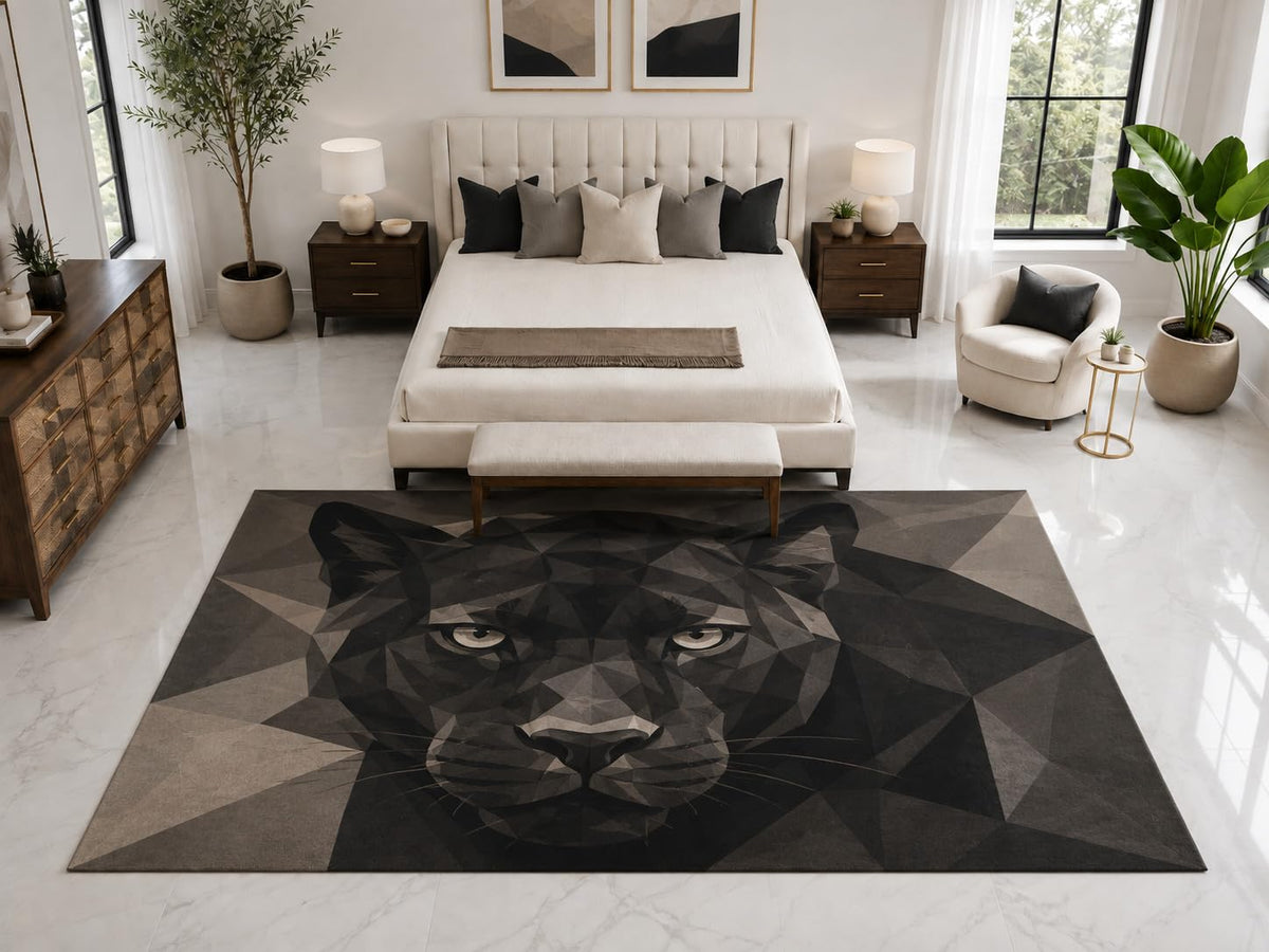 ICE ARMOR "Ultra Light Weight Large 6'7" x 9'10" Black Panther Face Rug, Soft Low Pile Indoor Rug, Non-Slip Silicone Backing for Bedroom Black Gray
