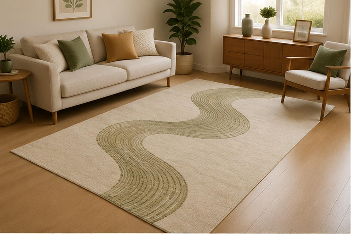 ICE ARMOR 5' x 7' Organic Sage Curve Area Rug for Living Room, Soft Low Pile Indoor Rug with Non-Slip Silicone Backing, Contemporary Carpet for Bedroom, Office, Family Room, Sage Green Ivory