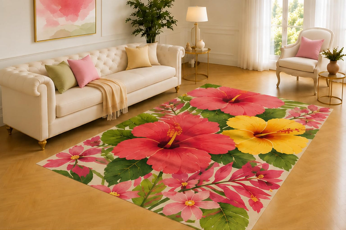 ICE ARMOR 5' x 7' Tropical Hibiscus Rug, Large Red, Pink and Yellow Blooms with Lush Green Leaves, Vibrant Floor Decor for Living Room, Bedroom or Sunroom