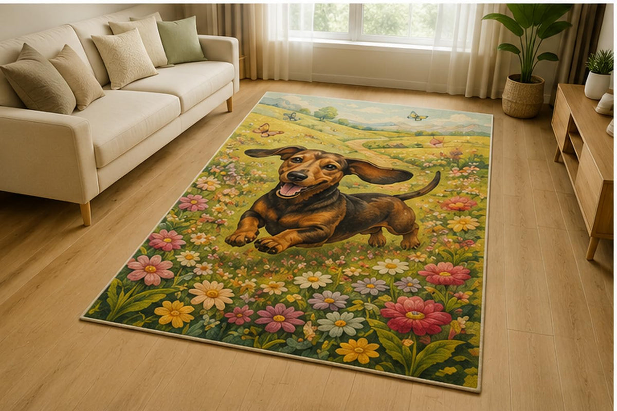 ICE ARMOR 5' x 7' Running Dachshund Wildflower Meadow Area Rug for Living Room, Soft Low Pile Indoor Rug with Non-Slip Silicone Backing, Cute Decor for Bedroom, Playroom, Kids & Pets, Green