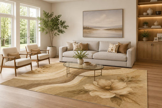ICE ARMOR Large 6'7" x 9'10" Beige and Brown Floral Wave Composition Area Rug for Living Room, Soft Low Pile Carpet with Non-Slip Silicone Backing, Decor for Bedroom and Home Office