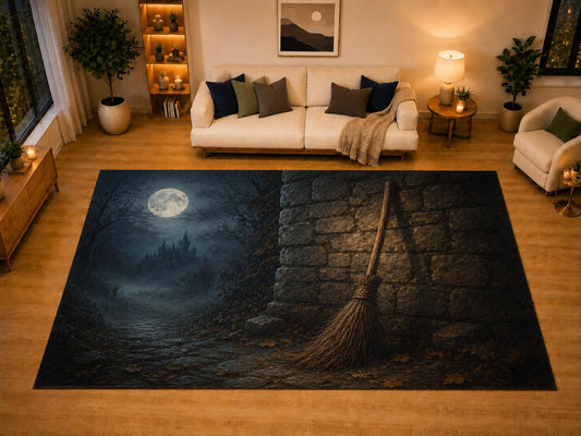 ICE ARMOR "Ultra Light Weight Large 6'7" x 9'10" Witch Broom Full Moon Castle Area Rug for Living Room Bedroom, Soft Low Pile Non-Slip Backing, Black Brown Halloween Gothic Decor