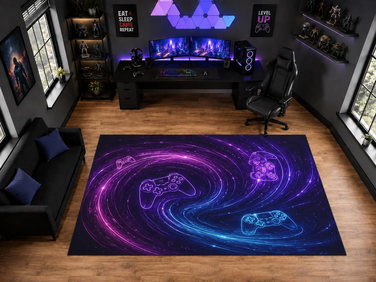 ICE ARMOR "Ultra Light Weight Large 6'7" x 9'10" Neon Controller Galaxy Swirl Area Rug for Gaming Room Decor, Soft Low Pile Indoor Rug with Non-Slip Silicone Backing, Purple Blue