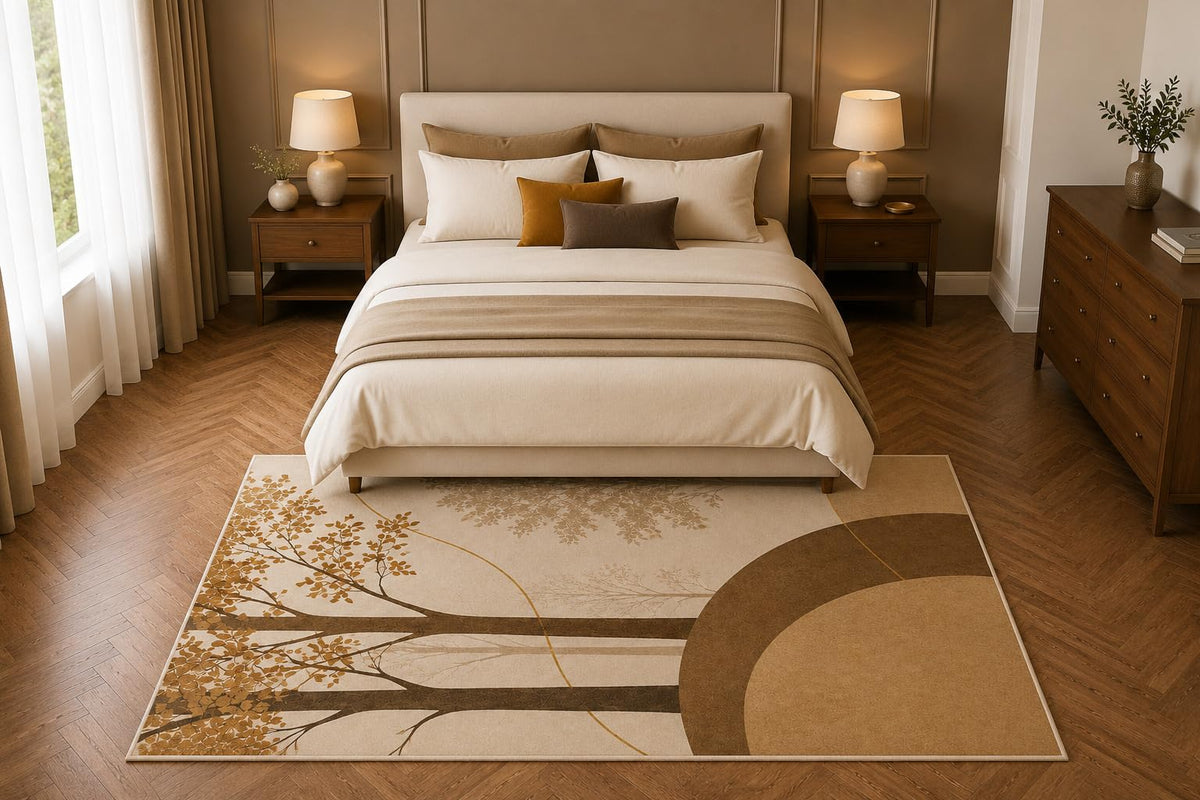 ICE ARMOR 5' x 7' Neutral Woodland Tree Area Rug, Modern Nature Forest Living Room Bedroom Decor, Non-Slip Silicone Backing Low Pile Carpet