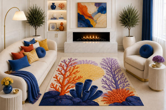ICE ARMOR "Ultra Light Weight 5' x 7' Colorful Coral Reef Area Rug, Orange Purple Blue Coastal Ocean Art for Living Room Bedroom Beach House, Non-Slip Silicone Backing Low Pile