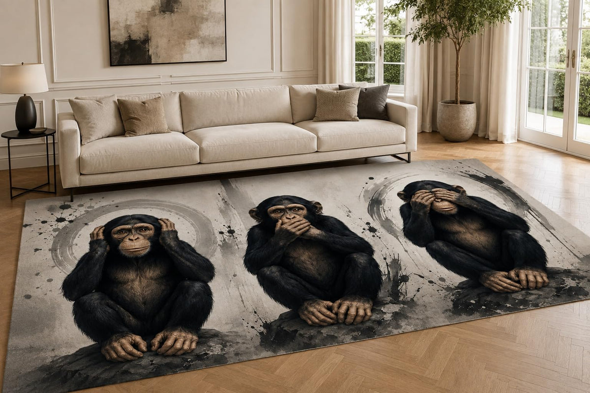 ICE ARMOR "Ultra Lightweight Large 6'7" x 9'10" Three Wise Monkeys Area Rug for Living Room, Bedroom and Home Office, Soft Low Pile Carpet with Non-Slip Silicone Backing, Black and Gray