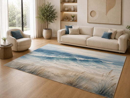 ICE ARMOR 5' x 7' Coastal Beach Waves Area Rug Soft Low Pile Indoor Rug with Non-Slip Silicone Backing Ocean Seascape Coastal Carpet for Living Room Bedroom, Dining Room Office Blue Beige