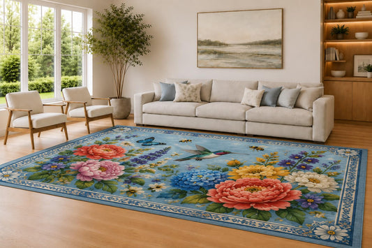 ICE ARMOR Large 6'7" x 9'10" Light Blue and Multi Color Hummingbird Bloom Accent Area Rug for Living Room, Soft Low Pile Carpet with Non-Slip Silicone Backing, Decor for Bedroom and Home Office