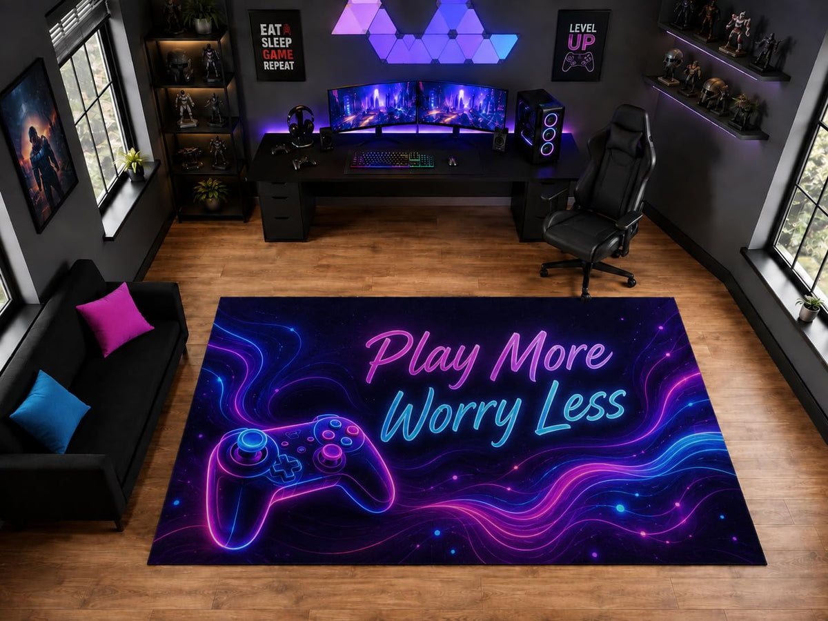 ICE ARMOR "Ultra Light Weight Large 6'7" x 9'10" Play More Worry Less Controller Area Rug for Playroom Decor, Soft Low Pile Indoor Rug with Non-Slip Silicone Backing, Black Pink Blue
