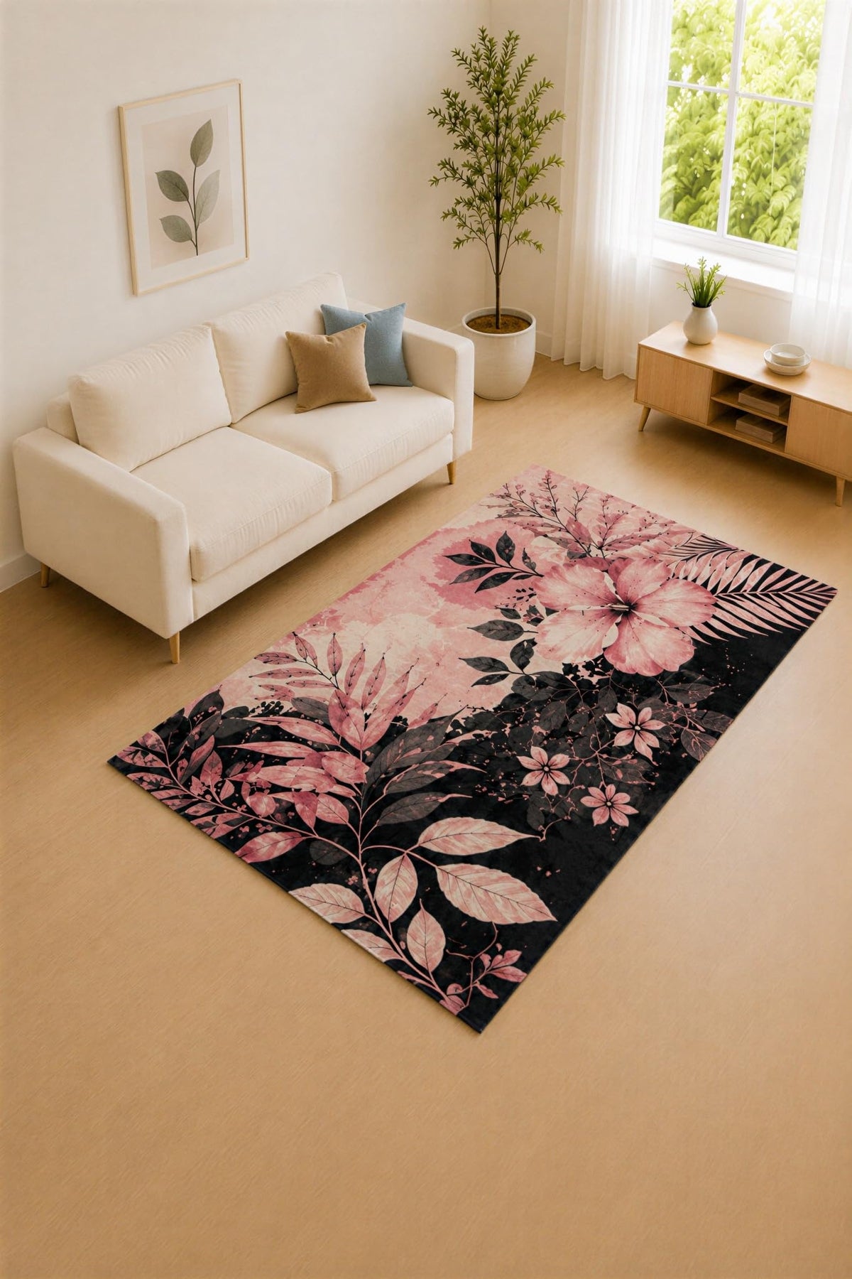 ICE ARMOR "Ultra Lightweight 5' x 7' Black and Dusty Pink Tropical Garden Area Rug for Living Room, Bedroom and Home Office, Soft Low Pile Carpet with Non-Slip Silicone Backing