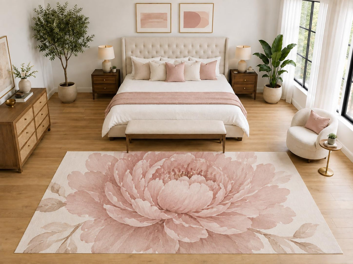 ICE ARMOR "Ultra Light Weight Large 6'7" x 9'10" Oversized Peony Rug, Soft Low Pile Indoor Rug, Non-Slip Silicone Backing for Bedroom Blush Pink