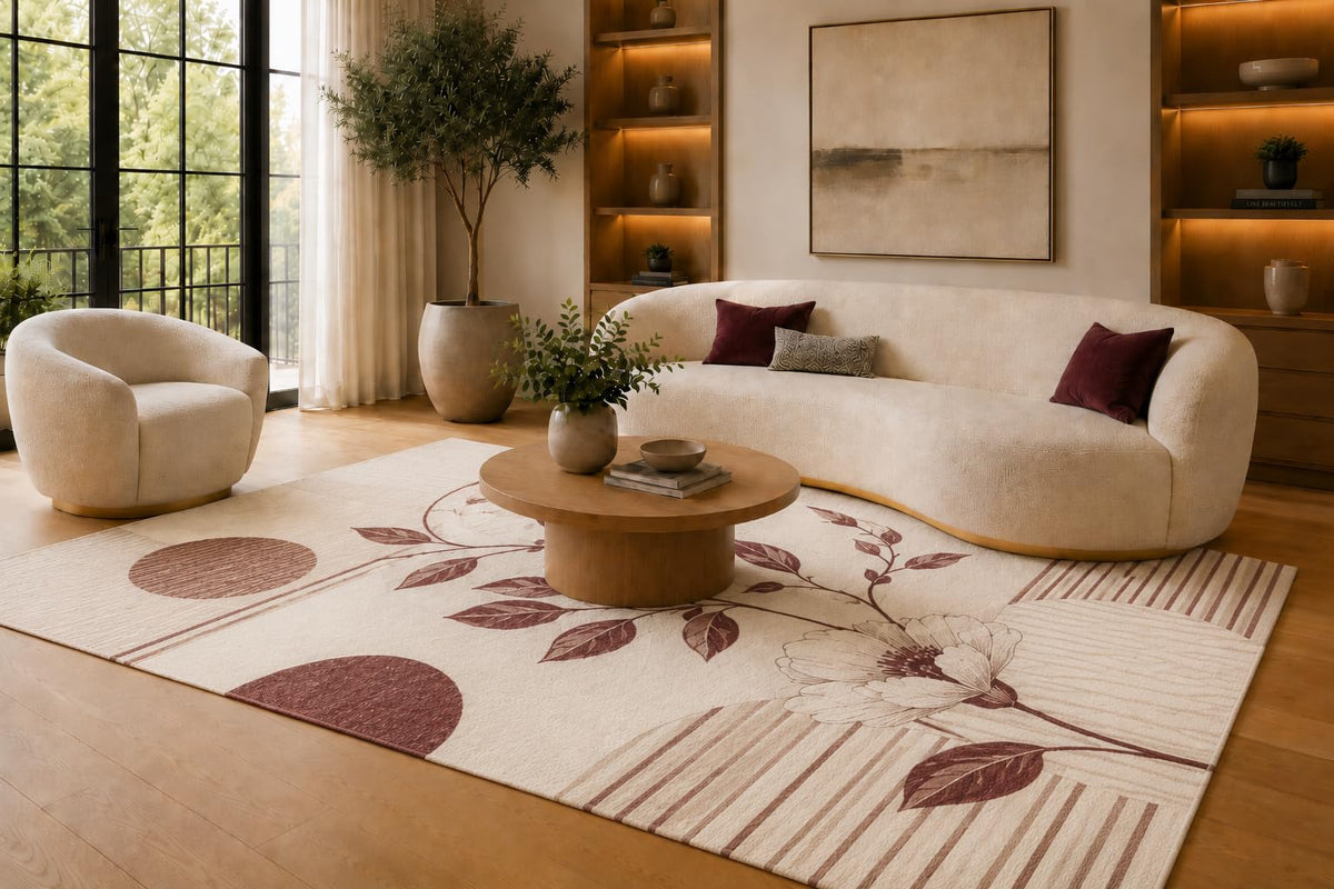 ICE ARMOR 6'7" x 9'10" Cream and Maroon Modern Floral Shapes Area Rug for Living Room, Soft Low Pile Carpet with Non-Slip Silicone Backing, Floor Decor for Bedroom, Dining Room and Home Office