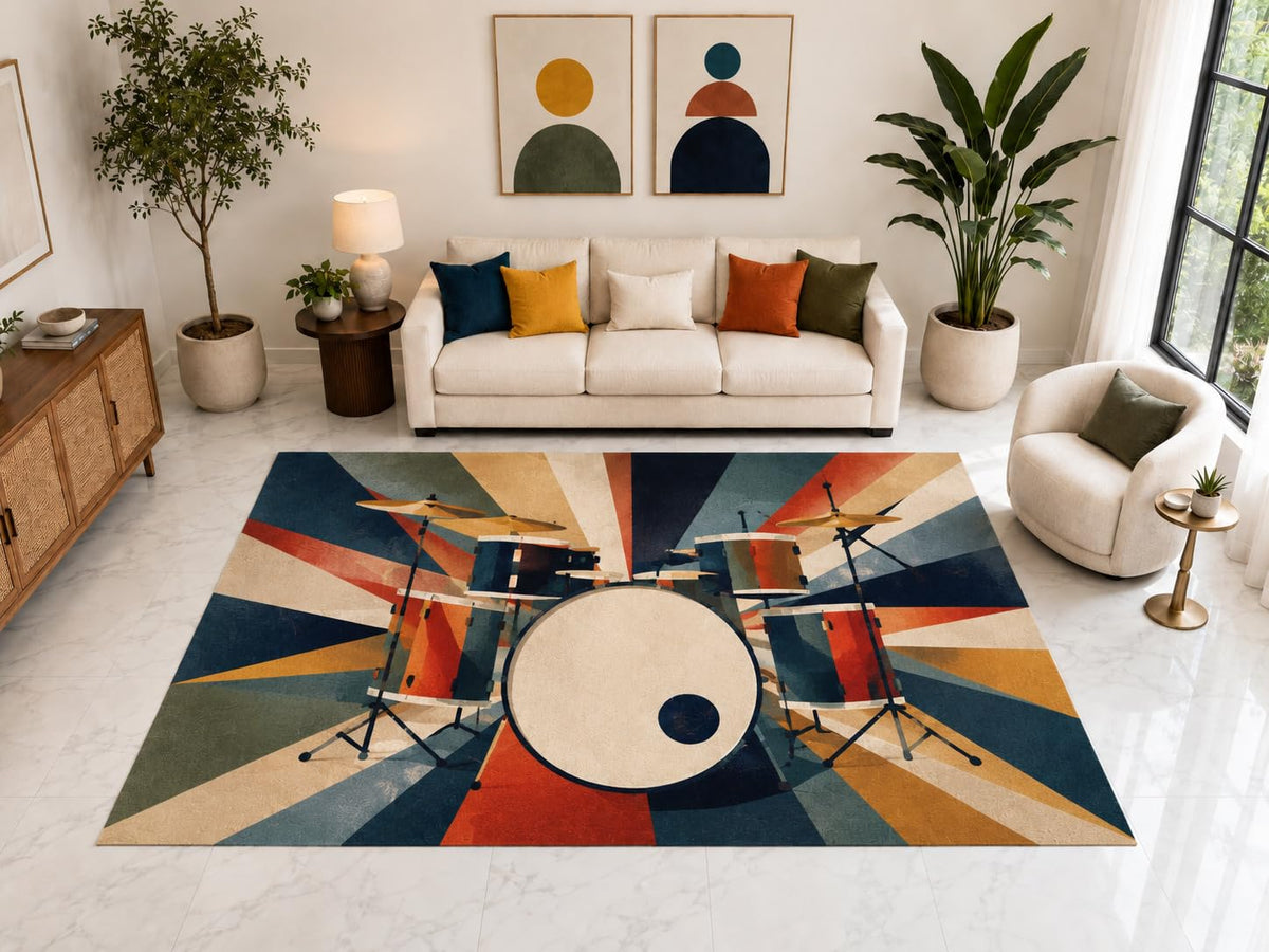 ICE ARMOR "Ultra Light Weight Large 6'7" x 9'10" Retro Drum Set Music Rug, Soft Low Pile Indoor Rug, Non-Slip Silicone Backing for Living Room Orange