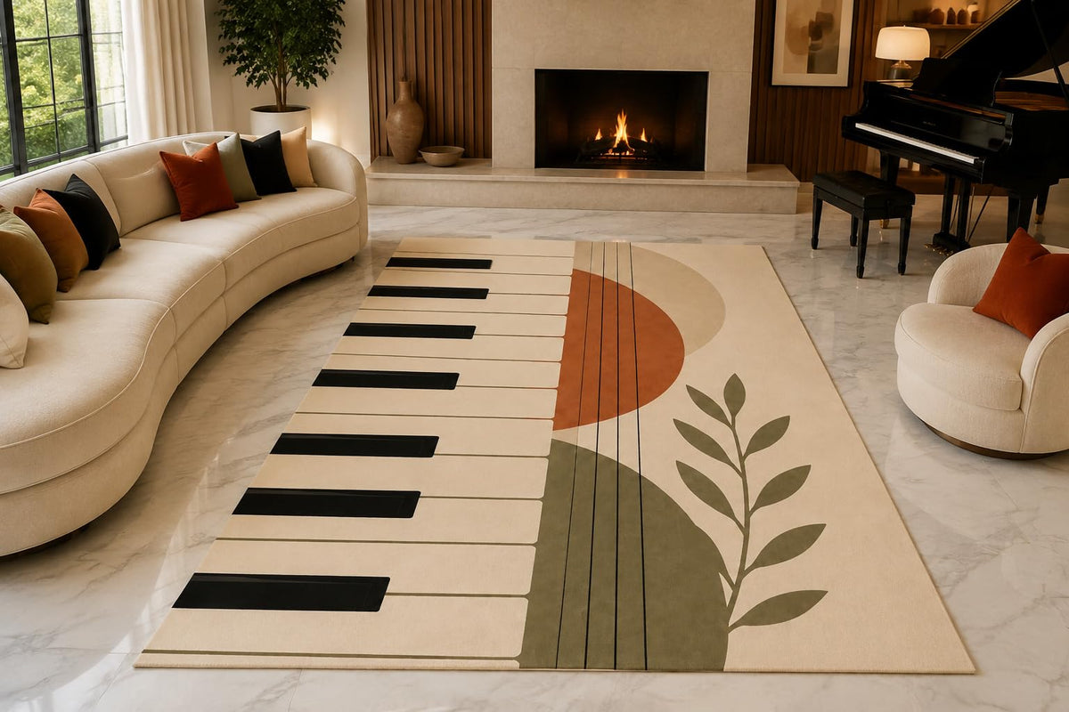 ICE ARMOR "Ultra Lightweight Large 6'7" x 9'10" Piano Keys Area Rug for Living Room, Bedroom and Home Office, Soft Low Pile Carpet with Non-Slip Silicone Backing, Black and Terracotta